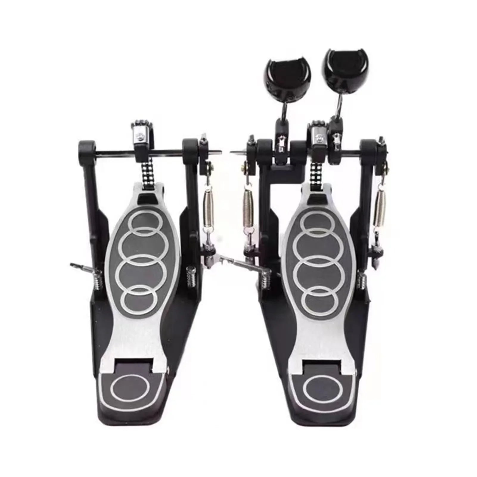 Black and silver zinc aluminum double drum pedal with circular grip pattern footplates firm grip and stable power