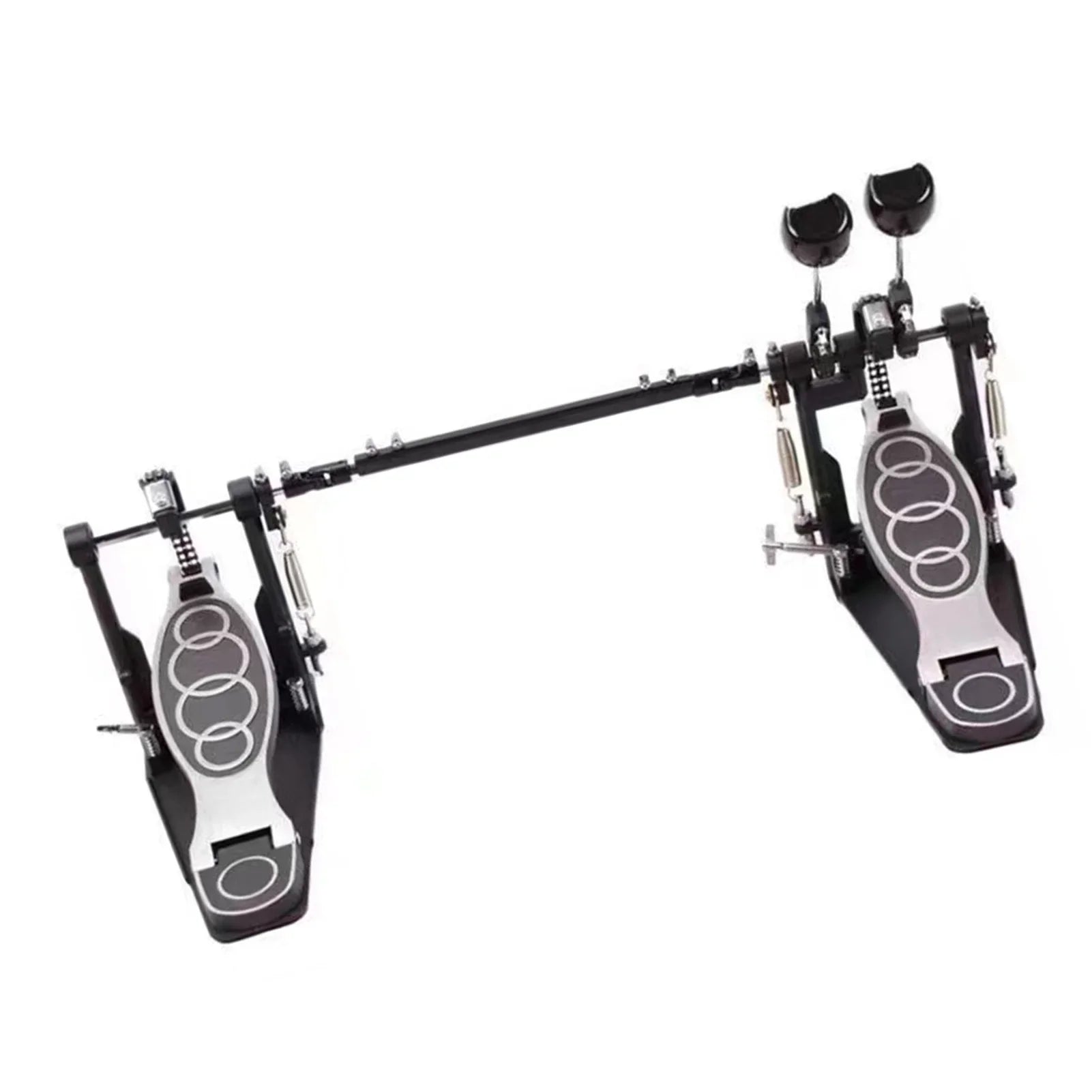 Black and silver zinc aluminum double drum pedal with dual pedals and circular logo for stable powerful drumming