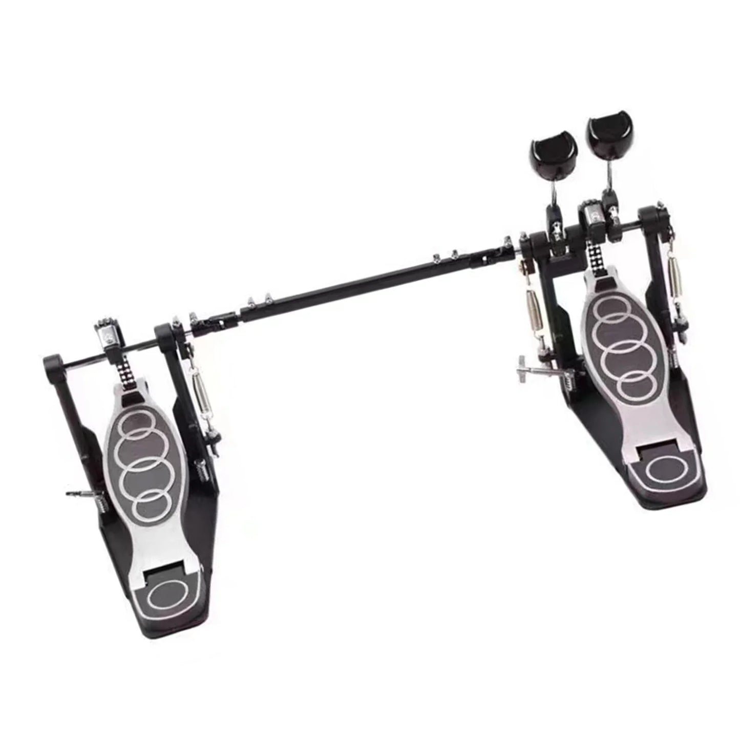Black and silver dual drum pedal with circular logo design made of zinc aluminum for stable powerful double drum use