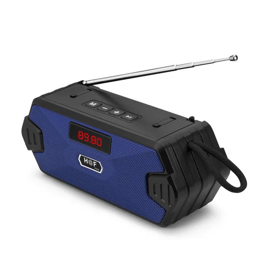 Blue and black hifi outdoor portable bluetooth speaker radio with telescopic antenna and sound box subwoofer features