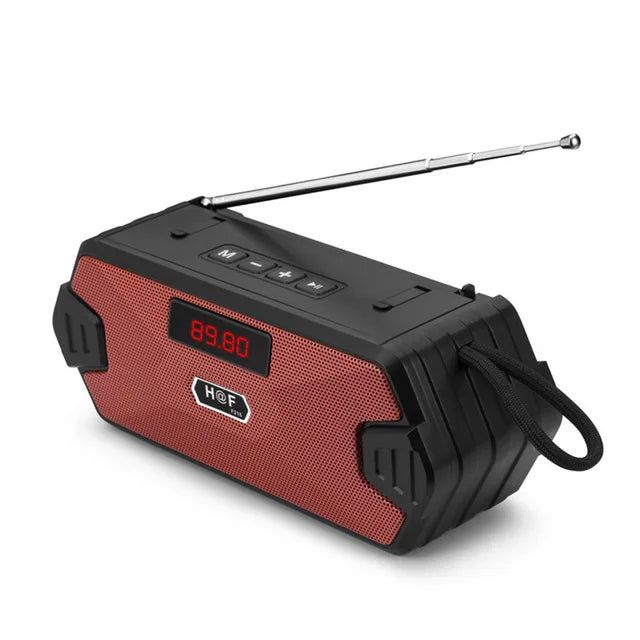 Red and black h&f hifi outdoor portable bluetooth speaker radio with telescopic antenna and sound box subwoofer design