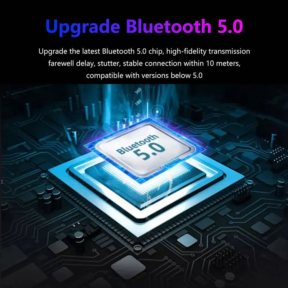 A sleek white bluetooth 5.0 chip with blue glowing edges on circuit boards for hifi outdoor portable sound box subwoofer