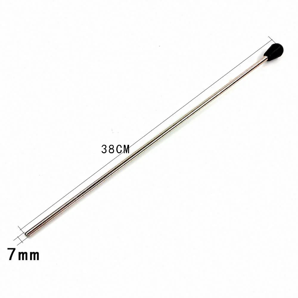 A sleek 38cm stainless steel bass saxophone bracket with black rubber tip, ideal for stand bass accessories in type beat music
