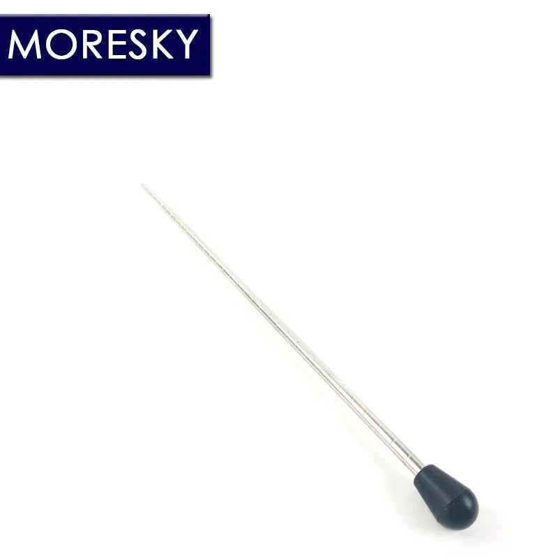A sleek metallic bass saxophone bracket needle with a black rubber tip for stand bass accessories and type beat music