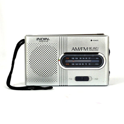 Silver infini bc-r21 portable am fm radio receiver player with built-in speaker perforated grille and 3.5mm headphones handheld lightweight ultra strap