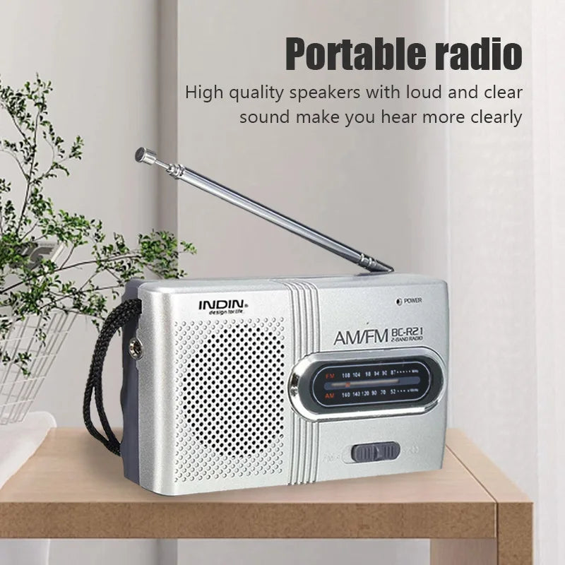 Silver bc-r21 portable am fm radio receiver player built-in speaker with telescopic antenna and 3.5mm headphones handheld lightweight ultra