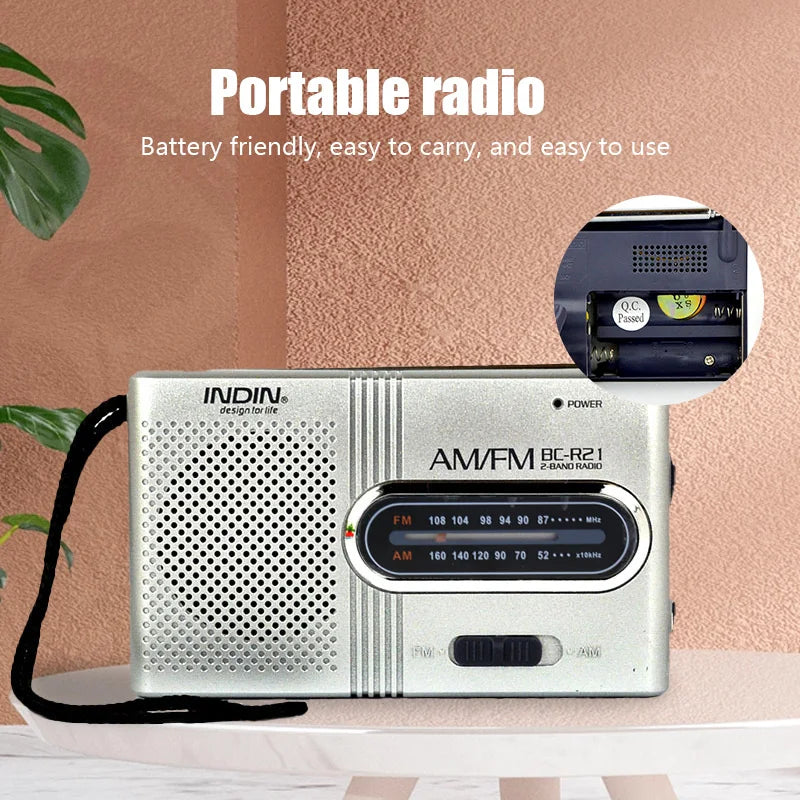Silver bc-r21 portable am fm radio receiver player built-in speaker with perforated grille black lightweight strap