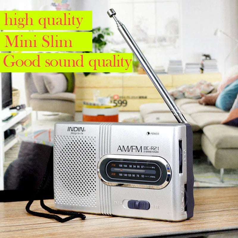 Silver bc-r21 portable am fm receiver player with built-in speaker telescopic antenna and 3.5mm headphones handheld lightweight ultra