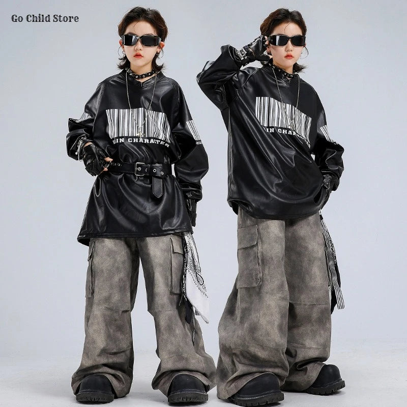 Hip Hop Boys Cool Shiny Sweatshirt Street Dance Cargo Pants Girls K-pop Clothes Set Kid Hip Hop Jazz Costume Children Streetwear