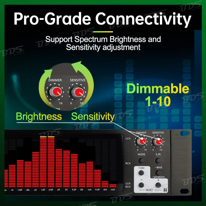 Black rackmount audio analyzer with red knobs and labeled dimmer sensitivity brightness controls for live sound studio use