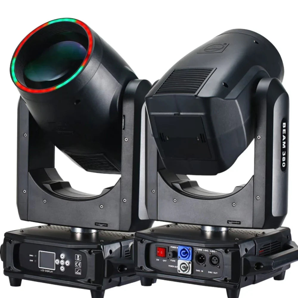 Black beam 20r 380w led moving head stage light with red and green illuminated rims for dmx stage lighting and wedding nightclub lamp