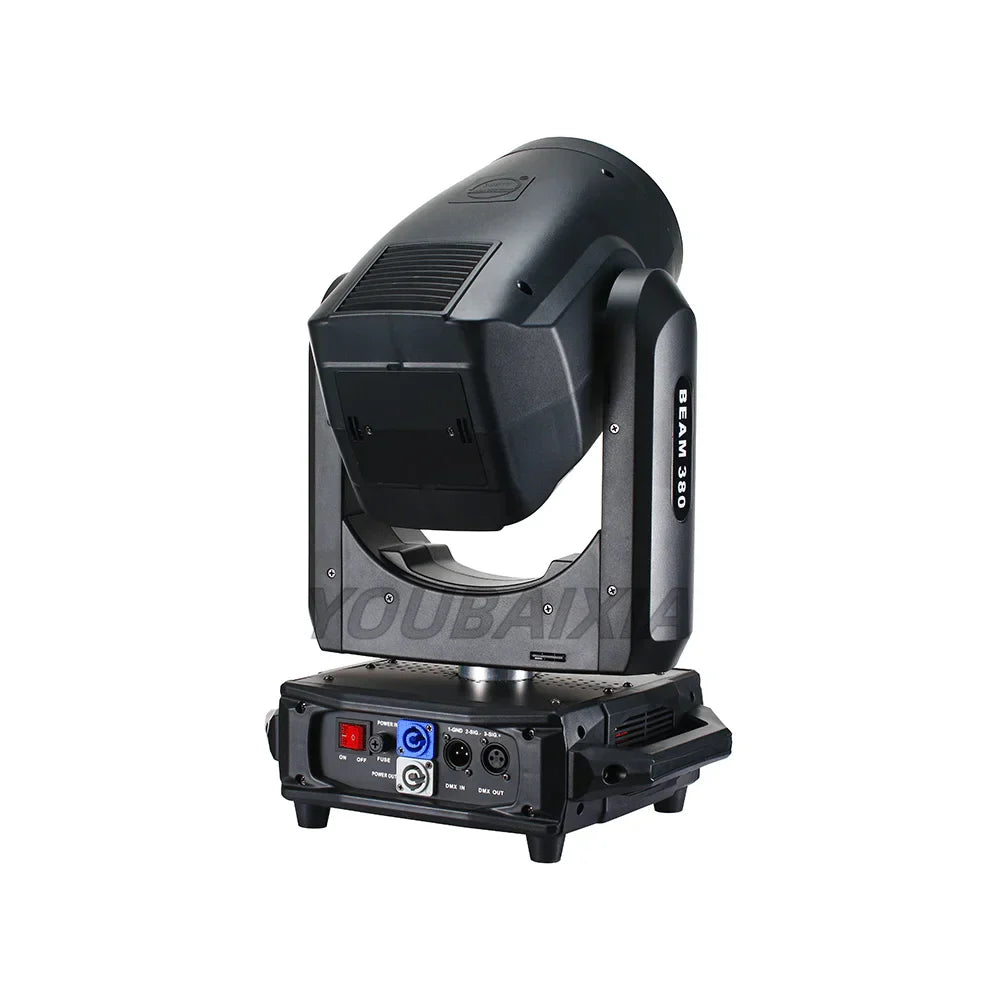 Black beam 20r 380w moving head spotlight with sleek industrial design and visible dmx stage lighting control ports on base