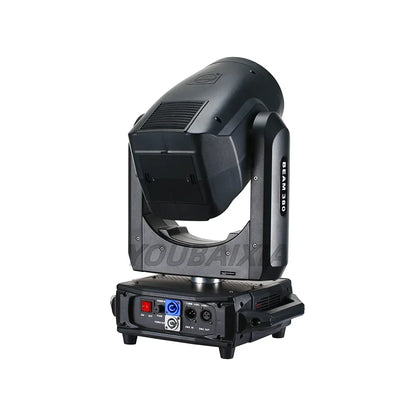 Black beam 20r 380w moving head spotlight with sleek industrial design and visible dmx stage lighting control ports on base