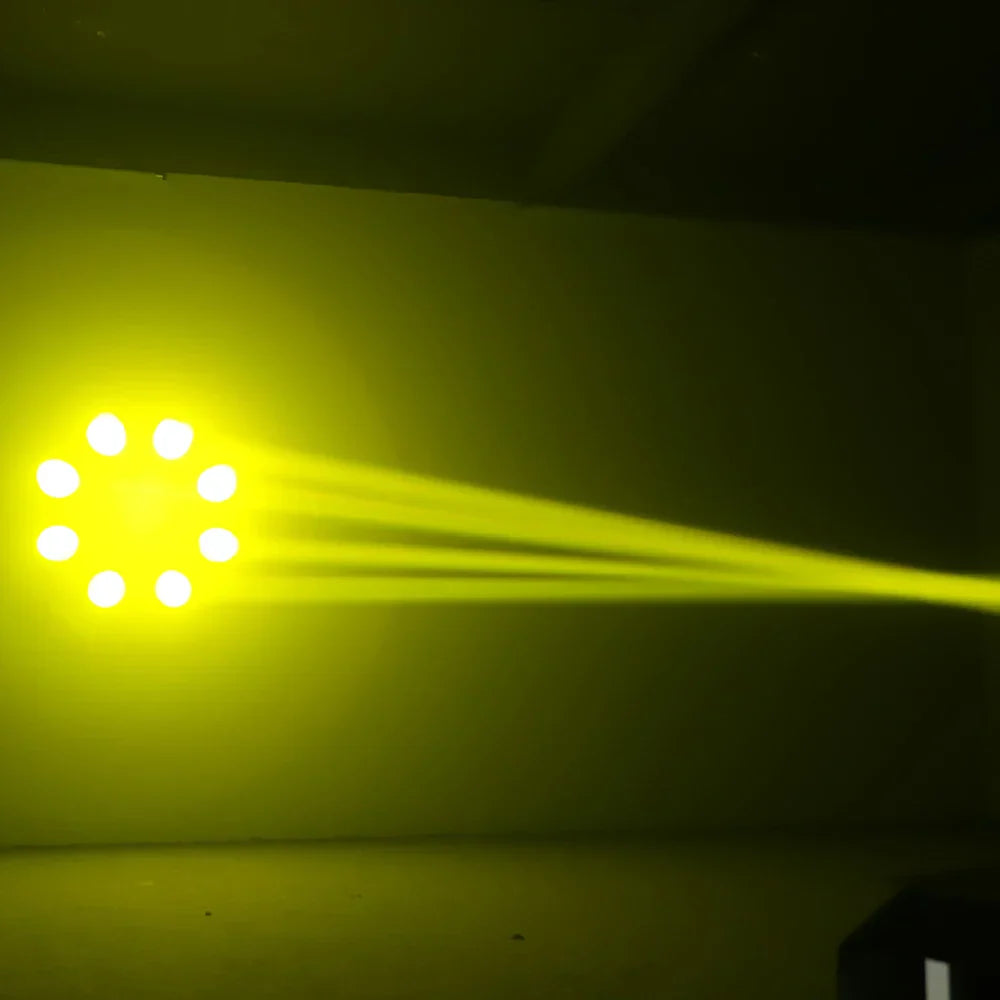 A bright yellow beam 20r 380w led spotlight emitting multiple beams for dmx stage lighting wedding nightclub lamp uses