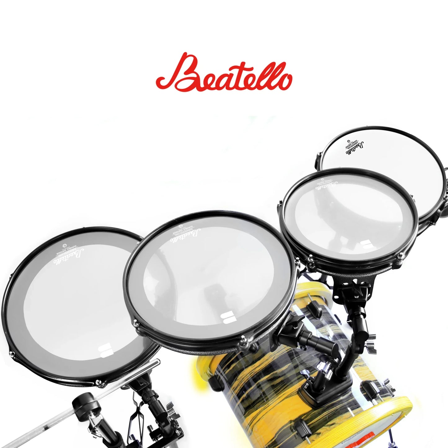 Beatello professional portable electronic drum set with yellow black striped snare and clear transparent heads