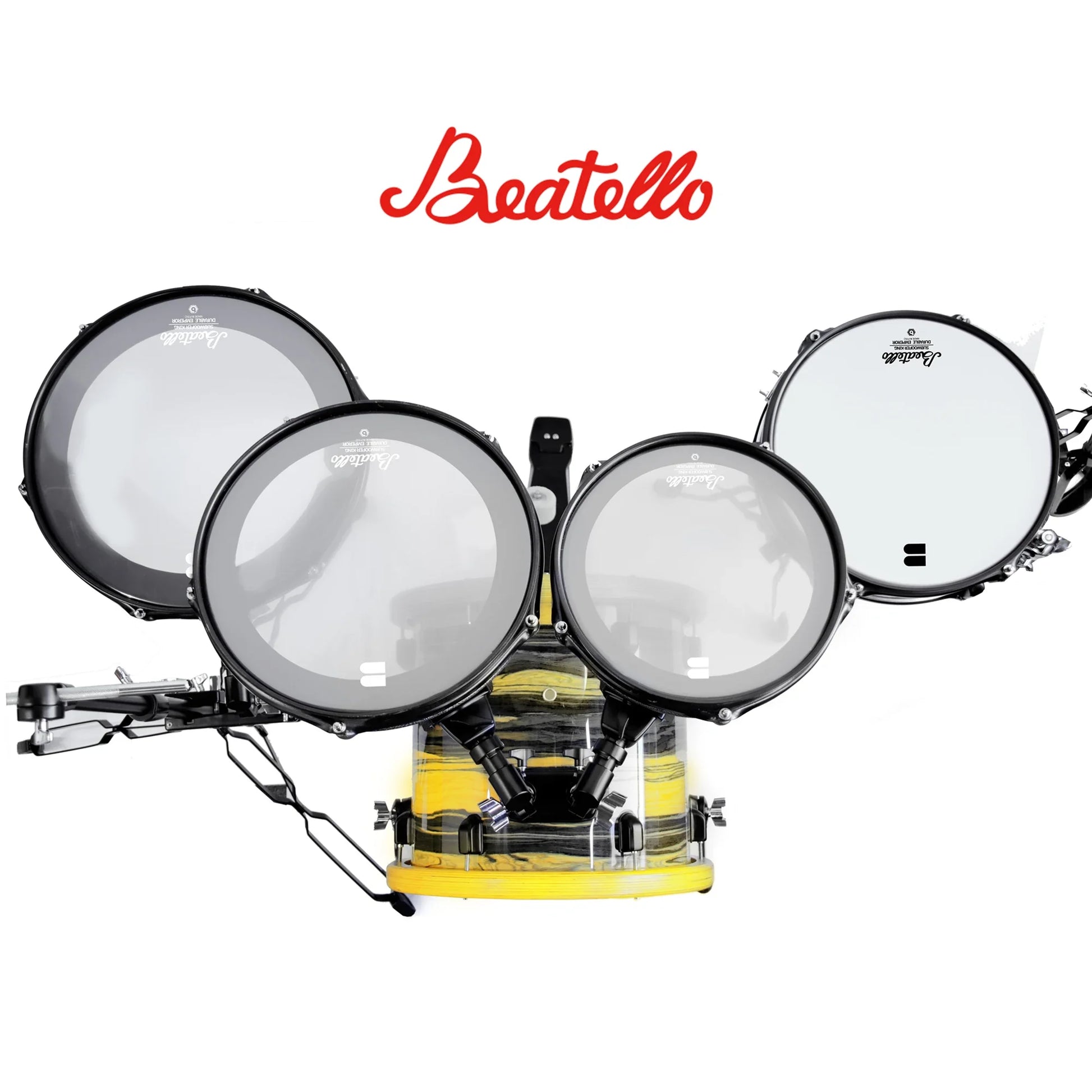 Beatello professional portable percussion drum set with translucent yellow bass drum and clear black-rimmed drumheads