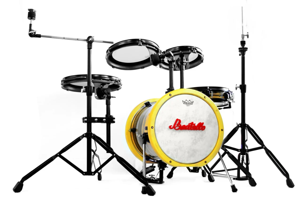 Yellow and black electronic drum set with white drumhead featuring red bastille logo high quality portable percussion kit