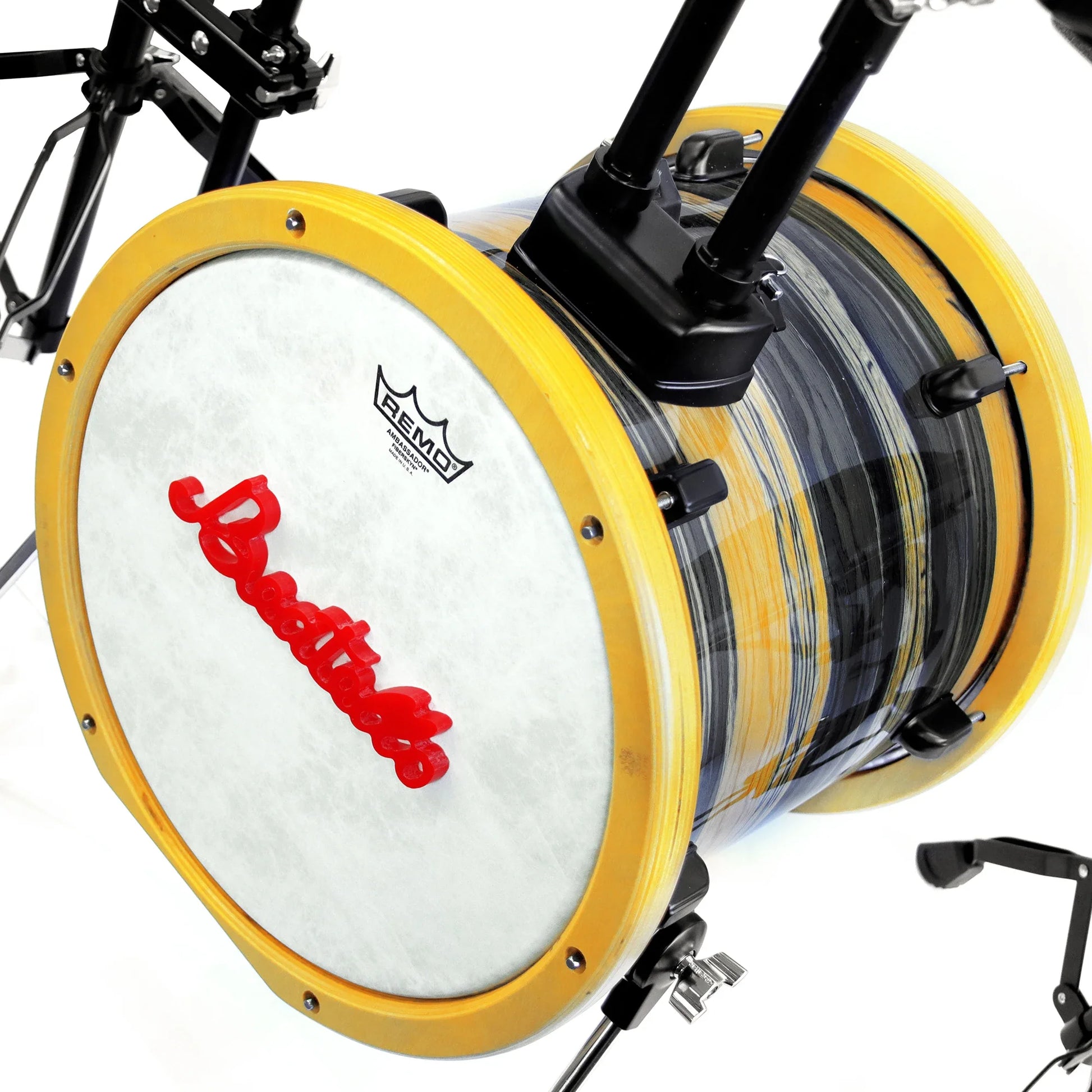 Beatello professional portable percussion drum with yellow frame, white head with red bass lettering, and black-yellow shell