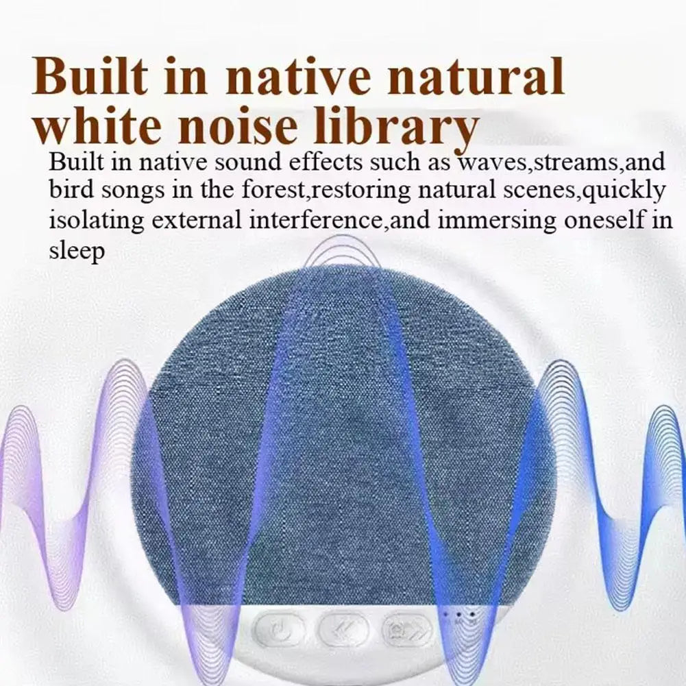Blue denim textured bedside sleep aid speaker with white control buttons and professional harman tuning technology