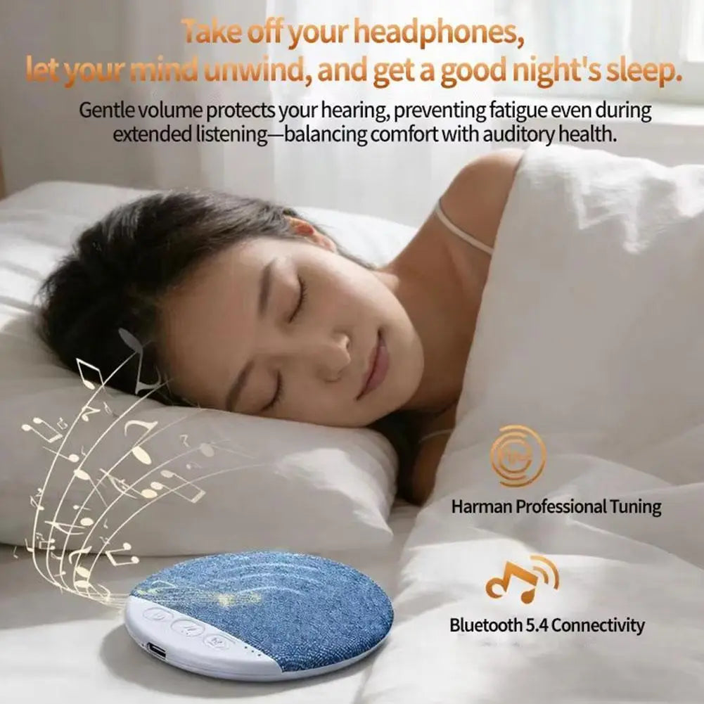 Blue textured circular bedside sleep aid speaker with white base professional harman tuning for gentle volume protection