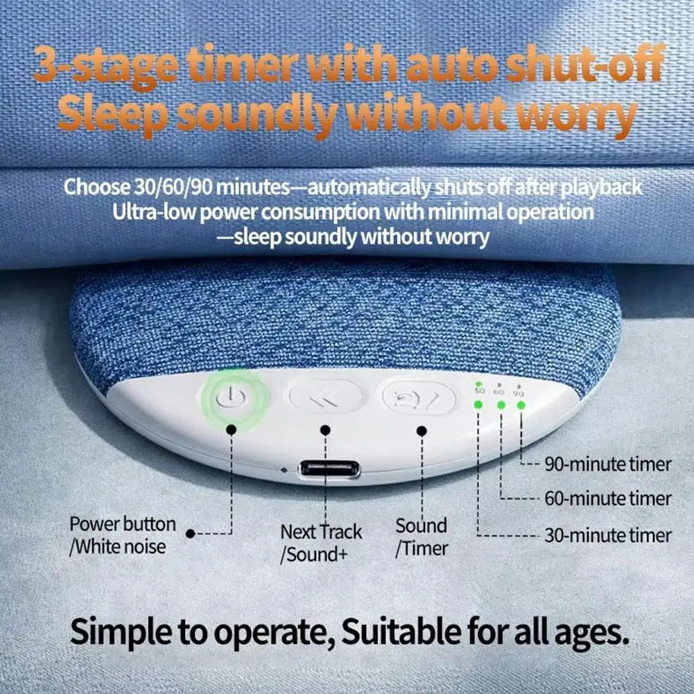 Blue textured fabric-covered bedside sleep aid speaker with white control panel and usb-c port featuring professional harman tuning