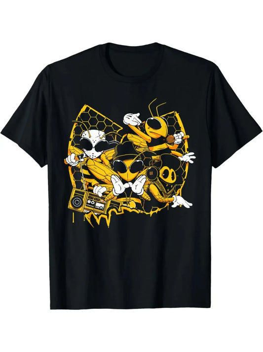 Black t-shirt with vibrant yellow and white bees hip hop graphic for school rap lover original design gifts streetwear