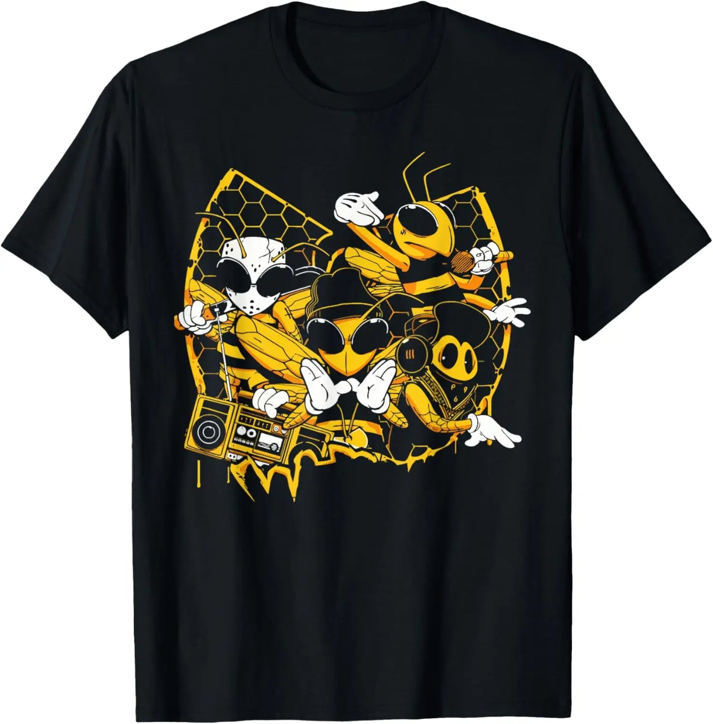 Black short-sleeved t-shirt with vibrant bees hip hop graphic for school rap lover original design gifts