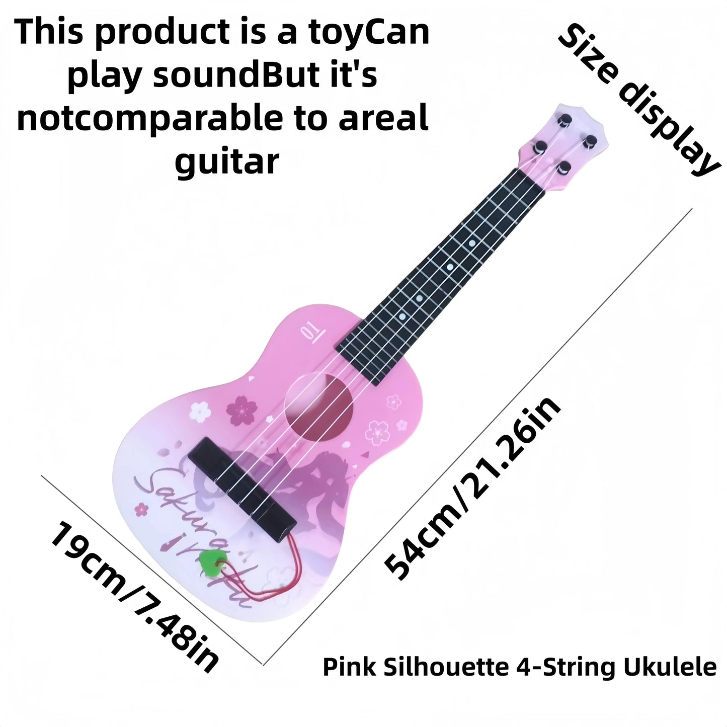 Pink silhouette 4-string ukulele with floral and cherry blossom designs for beginner guitar novices