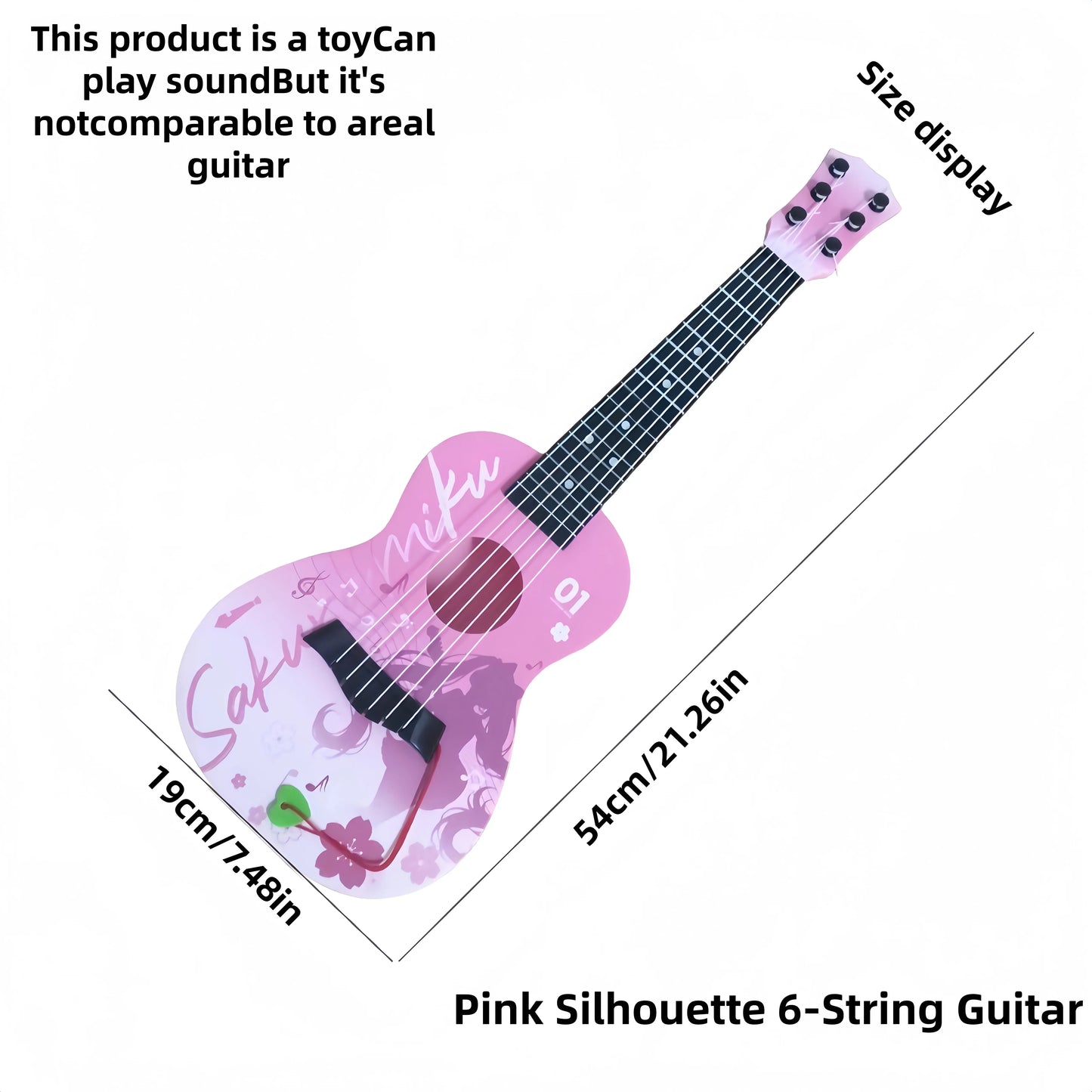 Beginner’s pink 6-string toy guitar with floral and character decals for male and female guitar novices