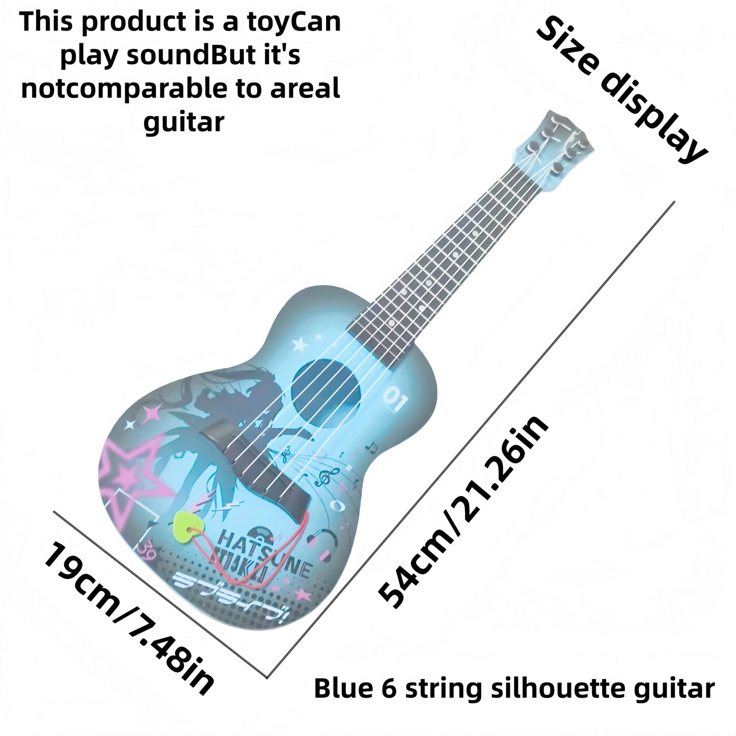 Blue six-string beginner guitar with cartoon design and light blue finish for male and female students