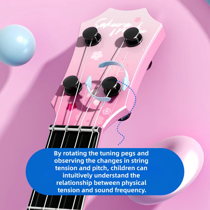 Beginner’s guitar ukulele pink sakura themed with black tuning pegs and white string tension tool for students