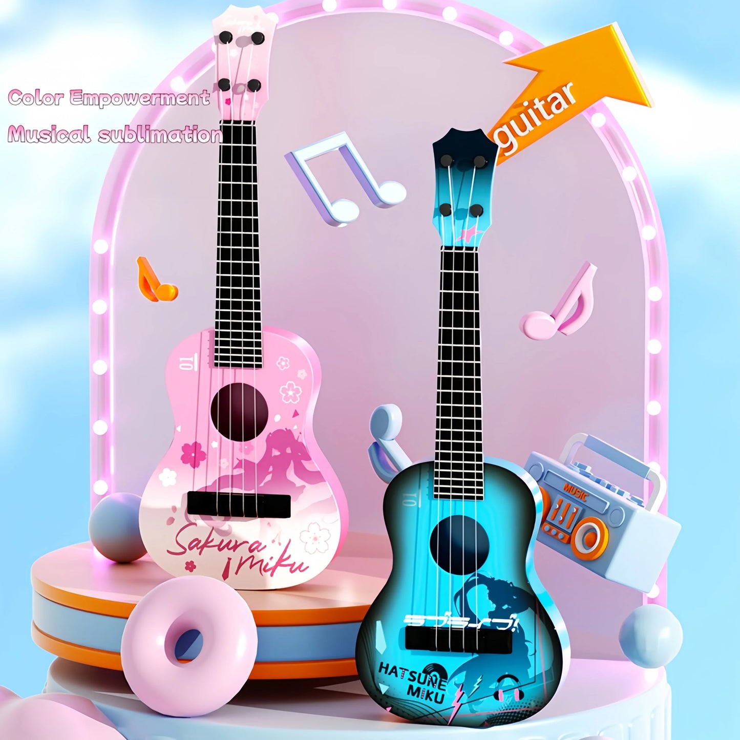 Pink and teal plastic beginner ukuleles with printed anime character designs for male and female guitar novices