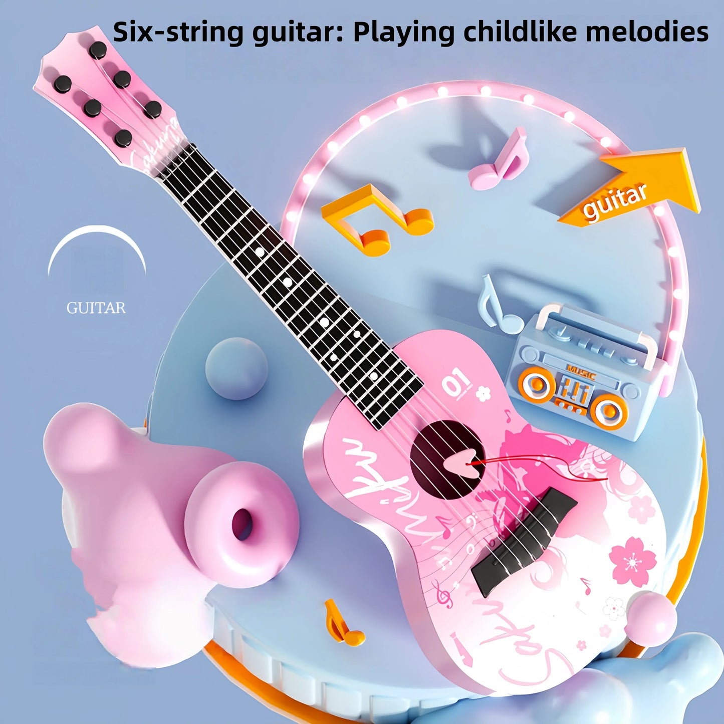 Pink six-string beginner guitar ukulele with floral decals black fretboard for male and female students