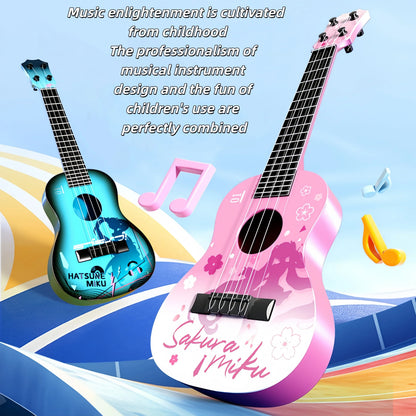 Beginner’s pink and white ukulele with floral design and sakura miku cursive for male and female guitar novices