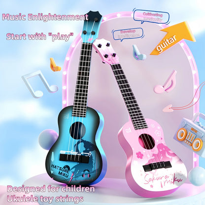 Beginner’s guitar ukulele set featuring two colorful wooden ukuleles with blue hatsune miku and pink sakura miku designs for students