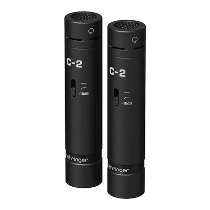 Black behringer c-2 matched condenser microphones with low-mass diaphragm and cardioid pickup pattern for studio use