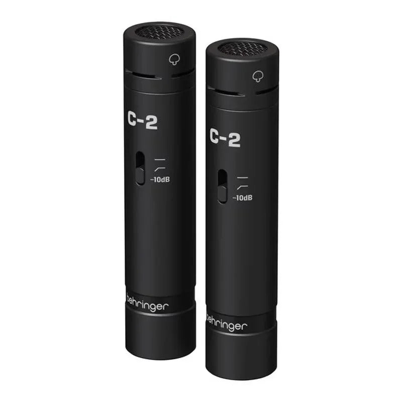 Black behringer c-2 matched condenser microphones with matte finish and silver labeling for stereo studio recording cardioid pickup pattern