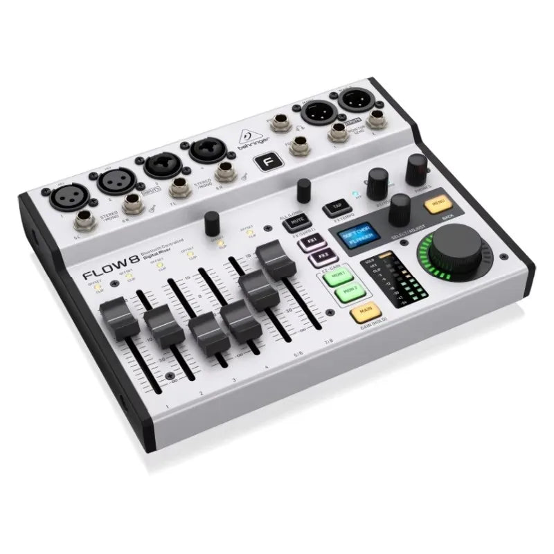 Silver and black behringer flow8 digital audio mixer with usb audio interface multiple input signals and illuminated buttons
