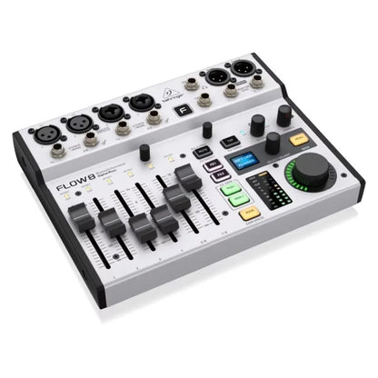 Silver and black behringer flow8 digital audio mixer with usb audio interface multiple input signals and illuminated buttons