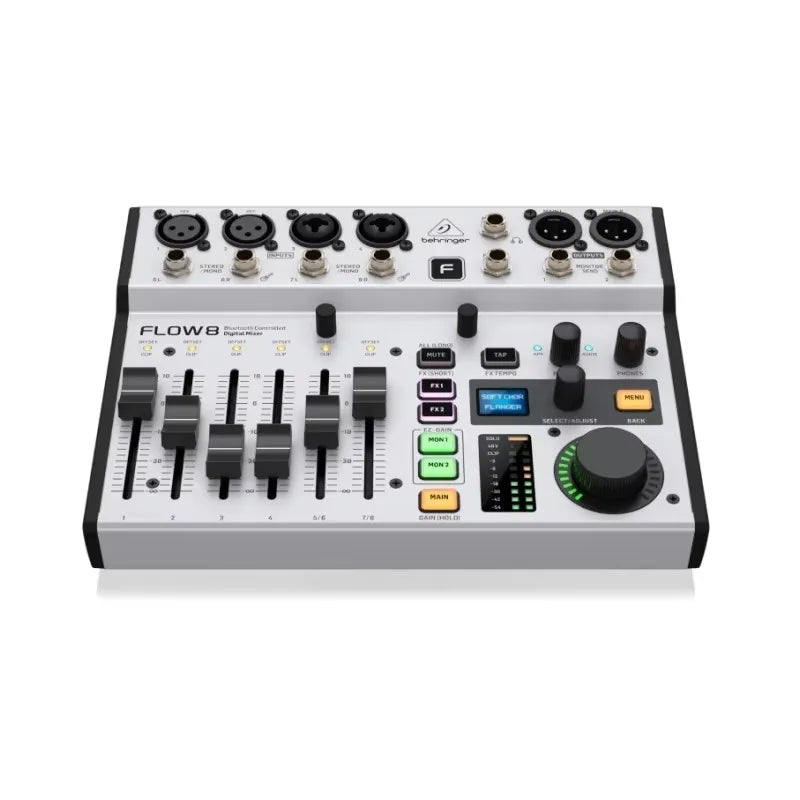 Silver and black behringer flow8 8-input digital usb audio mixer with multiple input signals and 48v phantom power