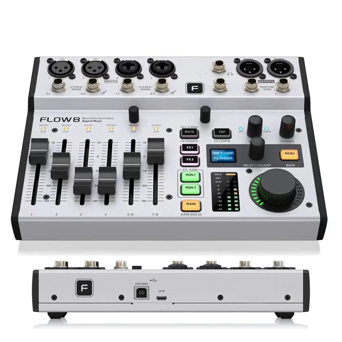 Silver and black behrner flow8 digital mixer with bluetooth mixer audio, 8 inputs, faders, knobs, and rotary encoder