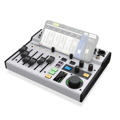 Silver and black behrner flow8 digital mixer with touchscreen bluetooth mixer audio control sliders and knobs