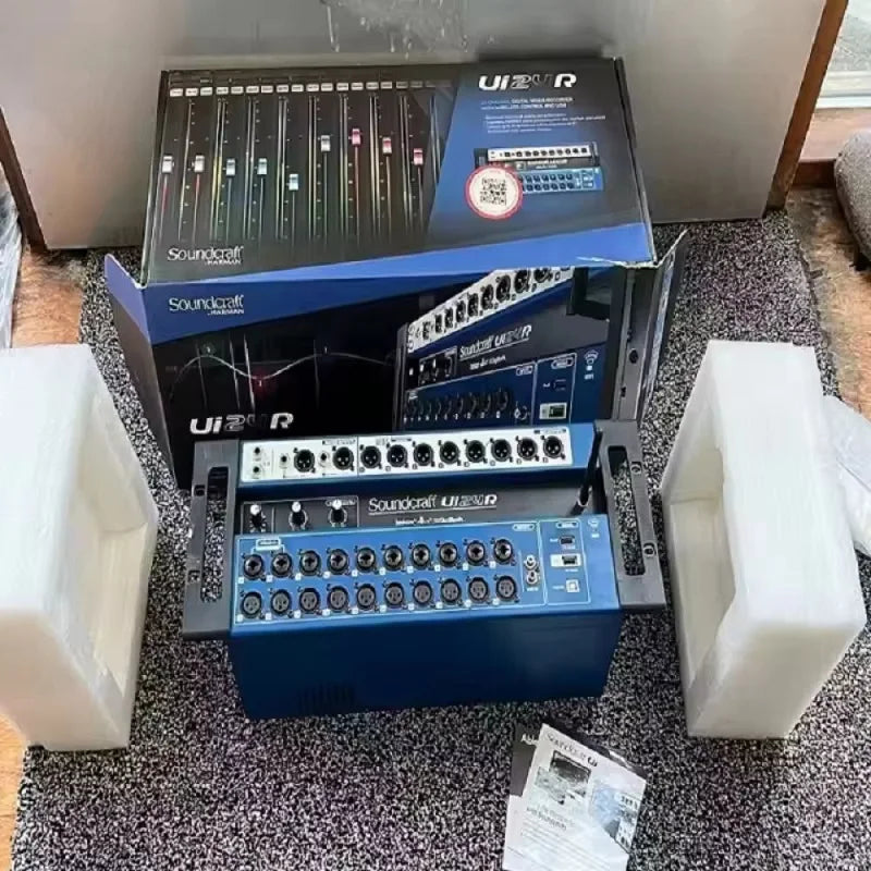 Blue Soundcraft ui2r channel digital mixer with black knobs silver jacks and usb recorder featuring wireless control super