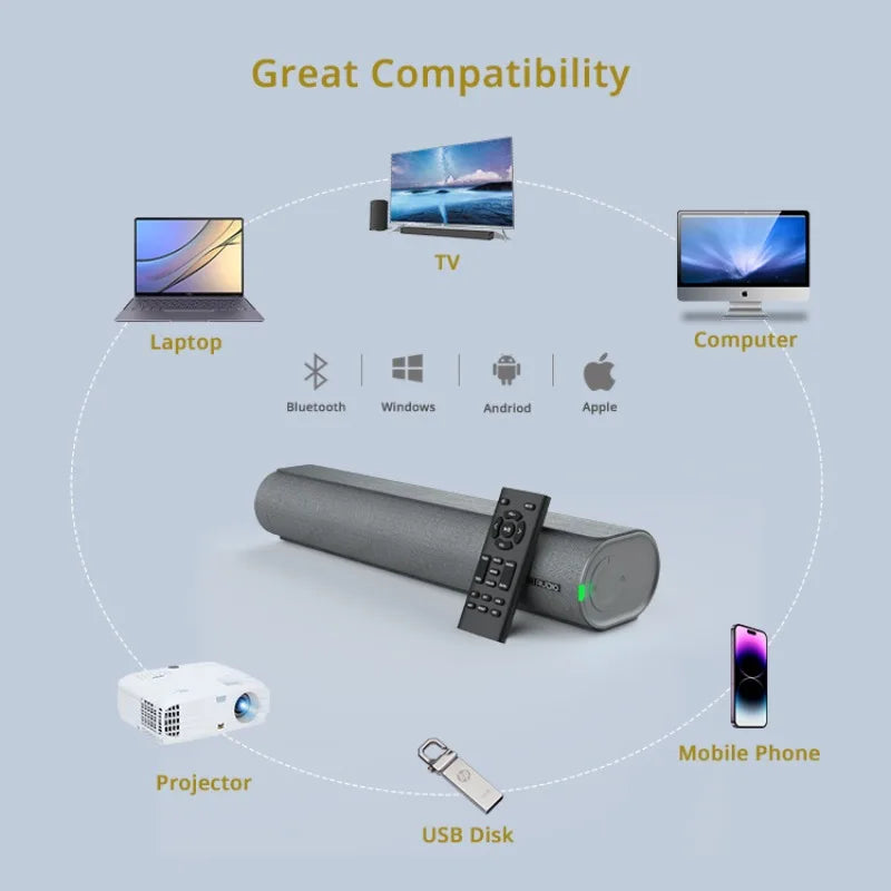 Gray bestisan home theater tv soundbar with sleek design and black remote showing 3d surround wireless bluetooth use