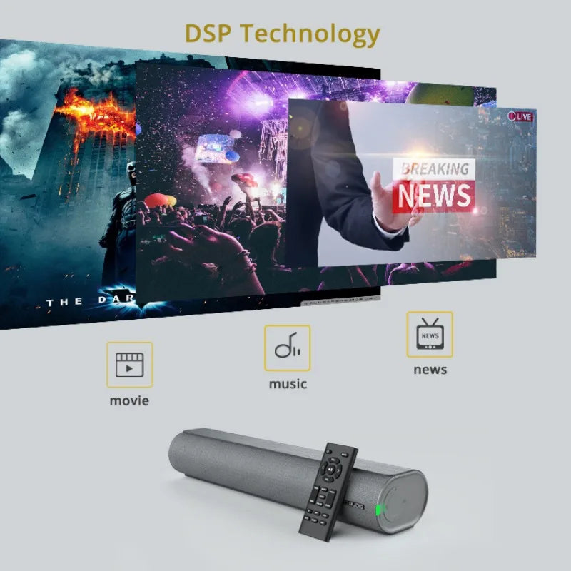 Gray cylindrical bestisan home theater tv soundbar with black remote control featuring surround sound wireless connectivity