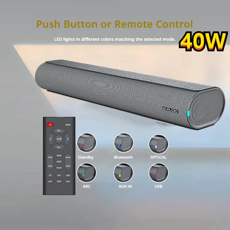 Bestisan home theater gray fabric-wrapped 40w hd theater tv soundbar with led indicators and surround sound wireless features