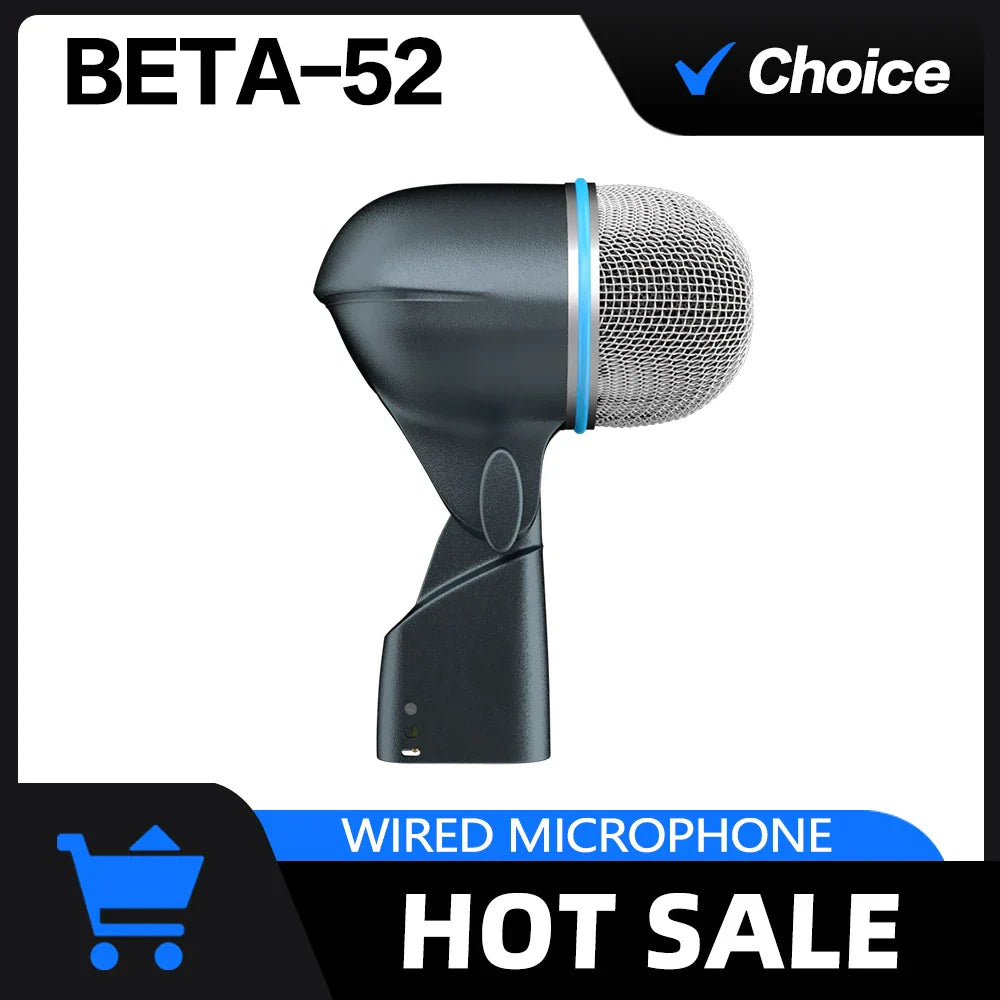 Black beta 52a drum microphone with silver hardened steel mesh grille blue accent ring and integral xlr connector
