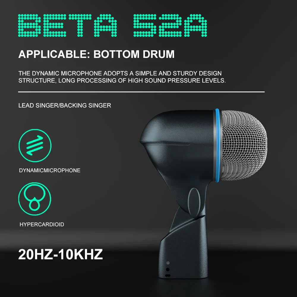 Black beta 52a drum microphone with integral xlr connector silver hardened steel mesh and blue accent ring for kick drums