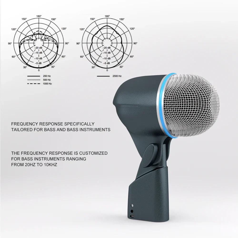 Black and blue beta 52a dynamic bass drum microphone with hardened steel mesh and integral xlr connector