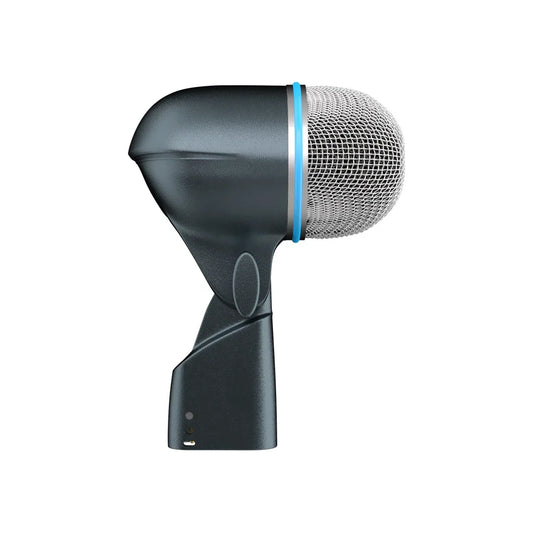 Black beta 52a dynamic bass snare microphone with silver hardened steel mesh grille and blue accent ring mounted on dynamic locking stand